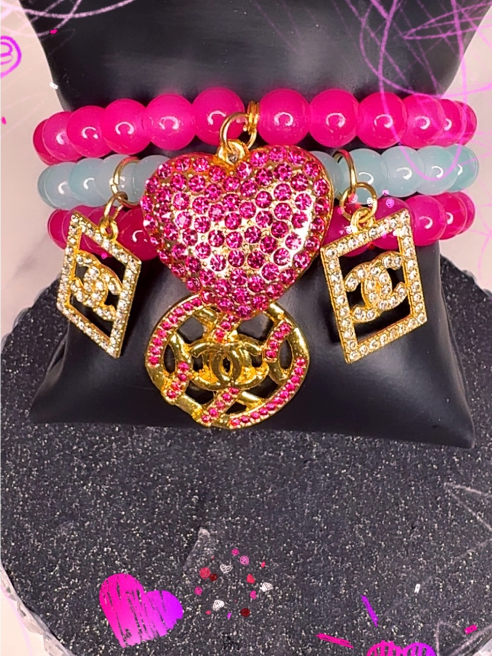 Pink Crystal Heart Charm Bracelet Set - Gold Accents